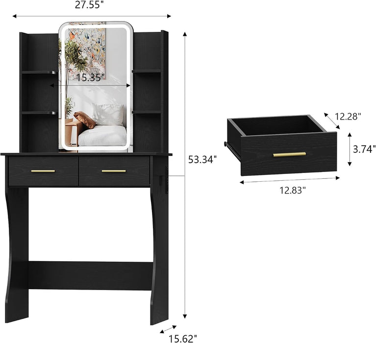Small Black Vanity Desk with Mirror and Lights for Women Girls | Vanity Mirror with Lights, 3 Lighting Adjustable, LED Light Strips, Built-In Power Outlet, Compact Dressing Table for Girls