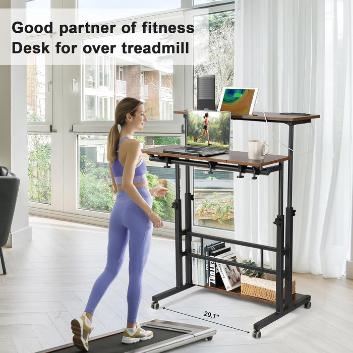 Mobile Standing Desk Adjustable Height, Rolling Desk Stand up Desk, Mobile Laptop Desk, Rolling Computer Desk with Charging Station, Portable Desk with Wheels, Rustic Brown