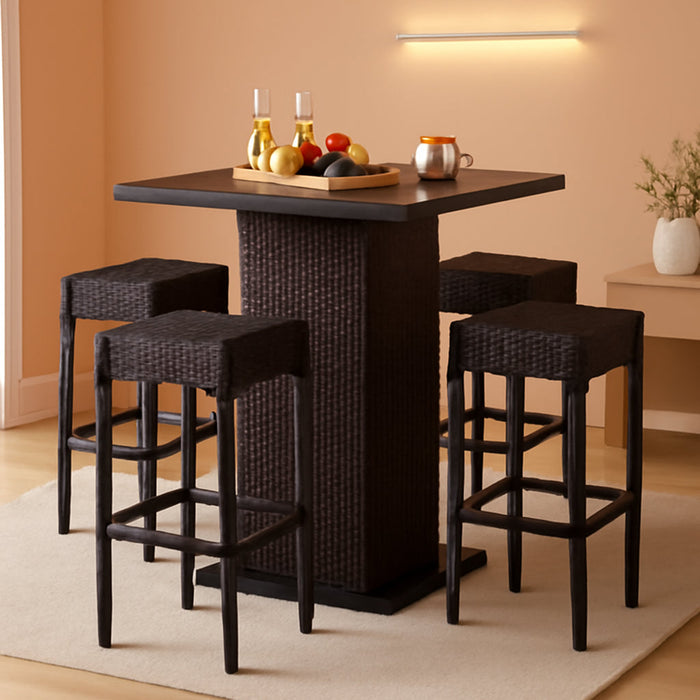 5-Piece Outdoor Wicker Bar Table Set for Patio, Poolside, Backyard W/Built-In Bottle Opener, Hidden Storage Shelf, Metal Tabletop, 4 Stools - Brown