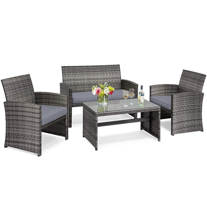 4 Pieces Patio Rattan Furniture Set with Glass Table and Loveseat