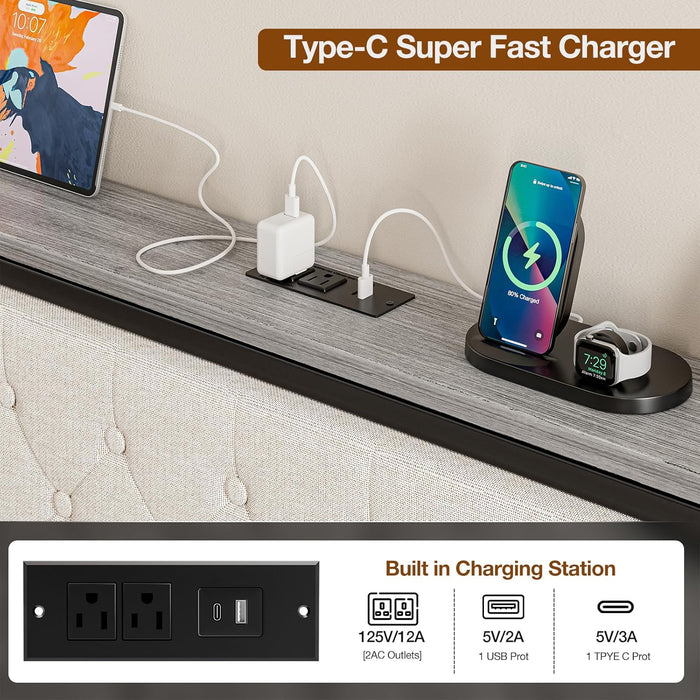 Headboard Queen Size with Storage and Charging Station, Upholstered Queen Storage Headboard Only with Bed Frame Brackets Adapter, Button Tufted Design, Easy Assembly, Beige