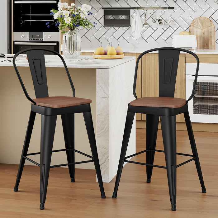 24" Swivel Metal Bar Stools Set of 4, High Back Counter Height Barstools Industrial Dining Bar Chairs with Large Wooden Seat-Matte Black