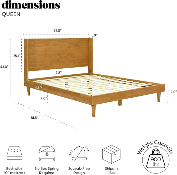 Queen Size Solid Wood Bed Frame with Wingback Headboard, Walnut Brown Finish, Platform Bed Frame, No Box Spring Required