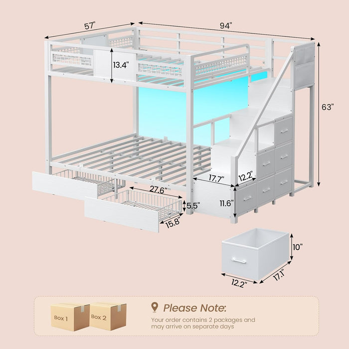 Bunk Bed Full over Full with Stairs, LED Lights Full Bunk Beds with 2 Storage Drawers & 6 Fabric Drawers, Metal Full Loft Beds with Safety Guardrail & Stairs, Space Saving, White