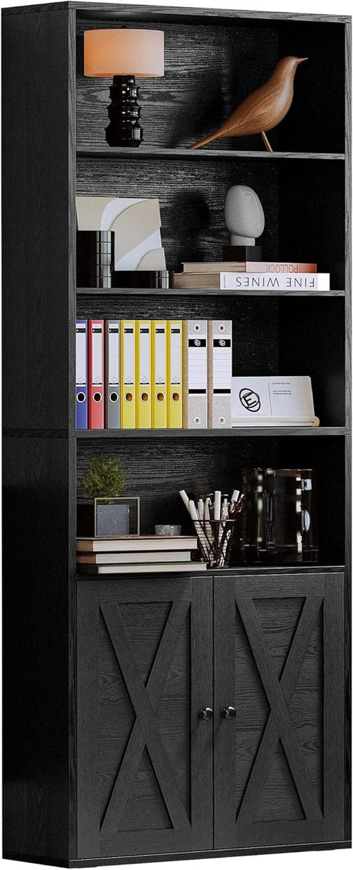 Industrial Bookshelves and Bookcases with Doors Floor Standing 6 Shelf Display Storage Shelves 70 in Tall Bookcase for Home Office, Living Room