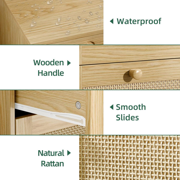 3 Drawer Rattan Dresser for Bedroom, Modern Wooden Dresser Chest with Handles for Bedroom, Hallway and Living Room, Wood Oak
