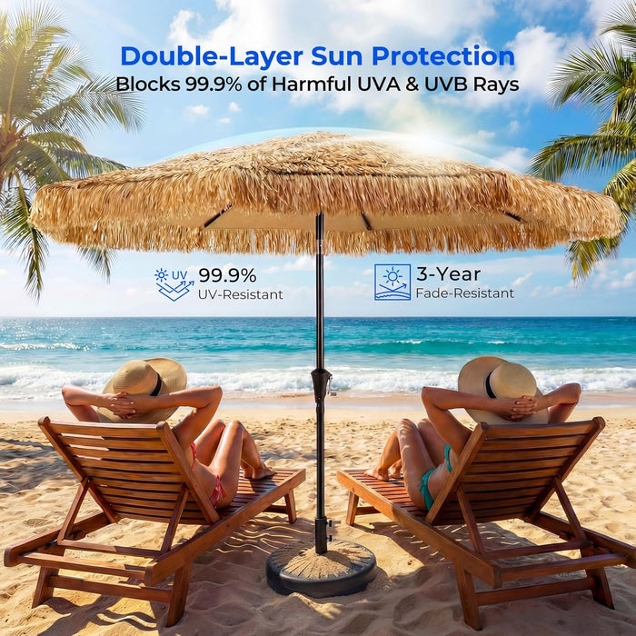 9Ft Hula Thatched Hawaiian Style Tiki Umbrella with Crank & Tilt, UPF 50+ Nylon Thatch & 220GSM Polyester Canopy, 8 Heavy-Duty Steel Ribs for Outdoor, Patio, Beach, Pool, Backyard, Garden