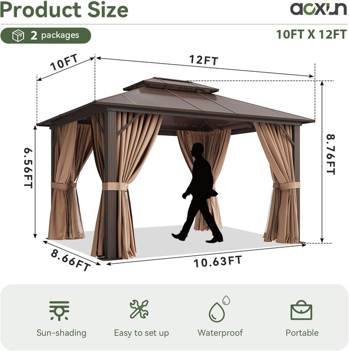 12'X10' Hardtop Gazebo, Aluminum Frame Permanent Pavilion with Curtains and Netting, Outdoor Polycarbonate Double Roof Canopy, Designed for Garden, Lawns, Patio, Brown