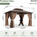 12'X10' Hardtop Gazebo, Aluminum Frame Permanent Pavilion with Curtains and Netting, Outdoor Polycarbonate Double Roof Canopy, Designed for Garden, Lawns, Patio, Brown