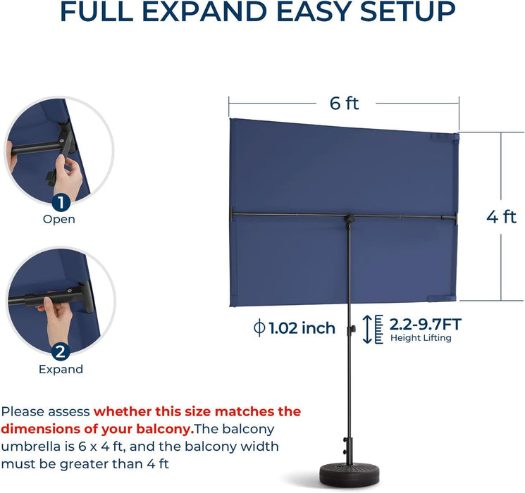 6X4Ft Outdoor Balcony Umbrella - Flat Porch Pool Patio Umbrella Rectangular Canopy Shade UPF50+ UV Protection 360° Rotating & Tilting All Angles Applicable (Navy Blue, No Base)