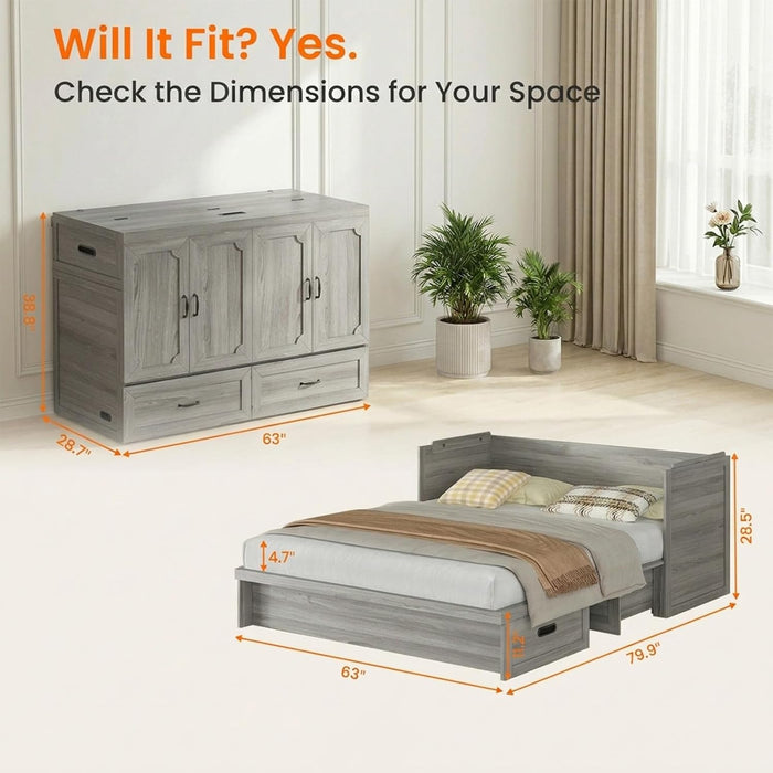 Queen Murphy Bed Grey SpaceSavingDrawer Compact Unit