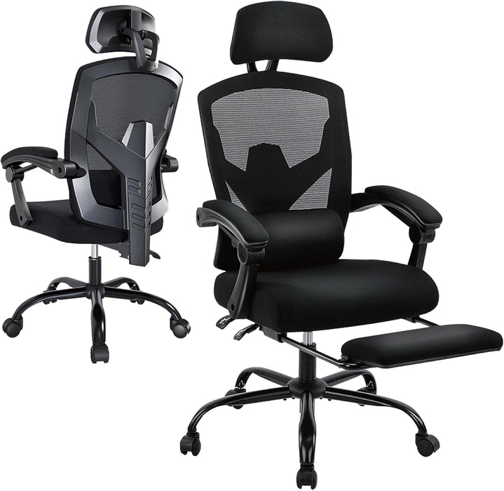 Desk Chair with Foot Rest, High-Back Mesh Office Chair with Wheels, Black