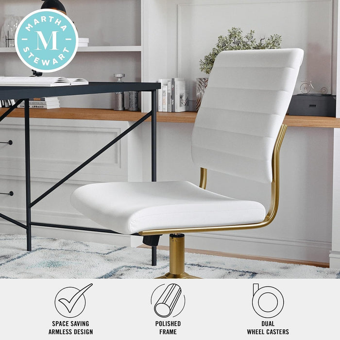 Ivy Armless Swivel Task Chair for Home Office in White Faux Leather with Polished Brass Frame