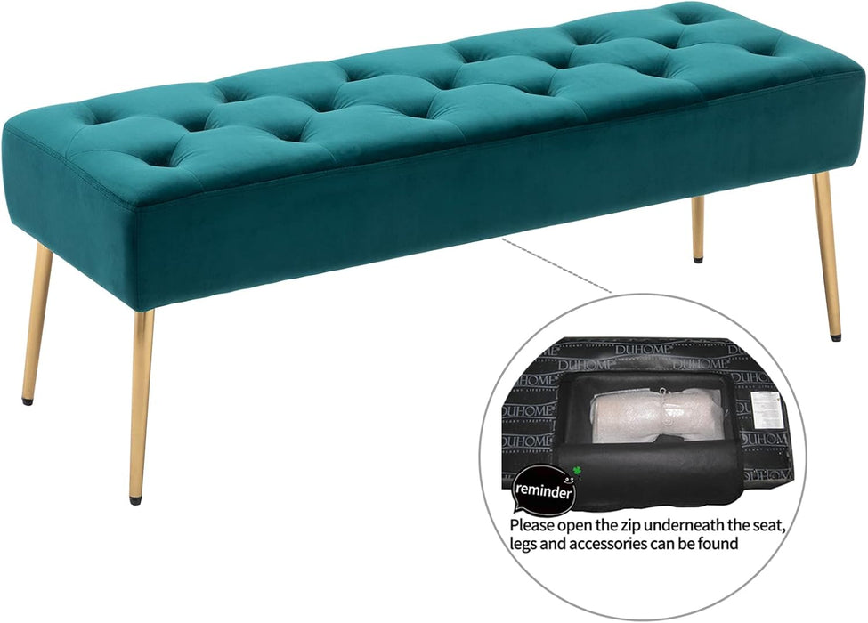 Modern Velvet Bench Ottoman, Upholstered Bedroom Benches Footrest Stool Button-Tufted Table Bench Dining Bench with Gold Metal Base for Entryway Dining Room Living Room Bedroom, Atrovirens