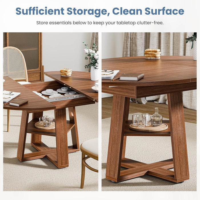 Extendable round Dining Table for 4-8, Modern Kitchen Oval Dinner Table with Storage Shelf, Wood Pedestal Table, Space Saving Modern Style, Brown