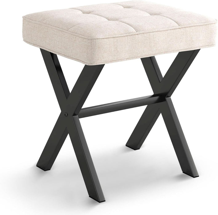 Ottoman Foot Stool Vanity Stool, Square Linen X-Leg Foot Rest Ottoman Makeup Stool, Small Stool Chair for Vanity, Modern Padded Vanity Seat for Makeup Room, Living Room, Bathroom, Linen Color