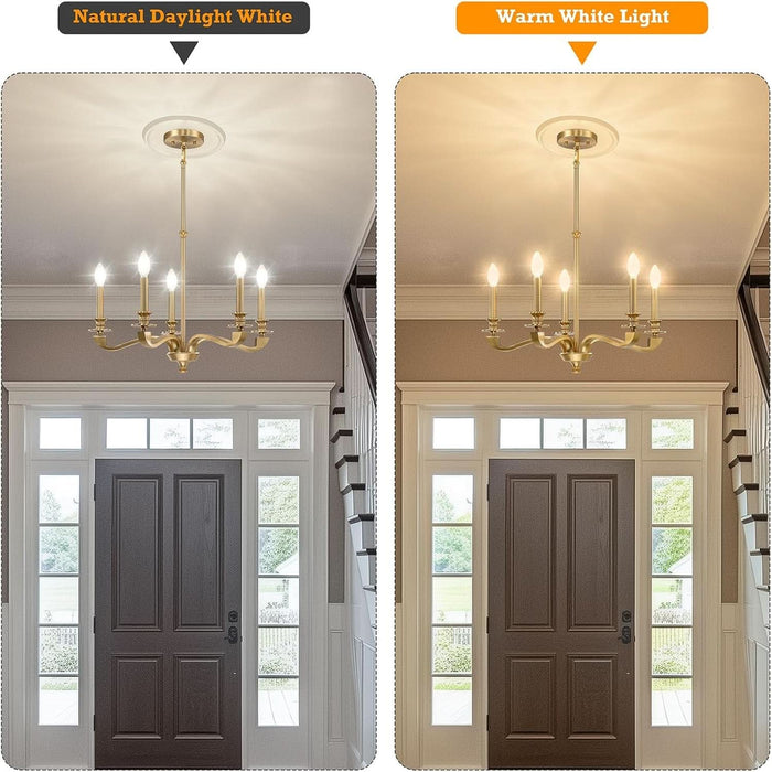 Gold Chandeliers for Dining Room, 25.5 Inch Vintage Gold Chandelier Light Fixture over Table, Farmhouse Candle Chandeliers, 5-Light Brass Chandeliers for Kitchen, Bedroom, Living Room (E12 Base)