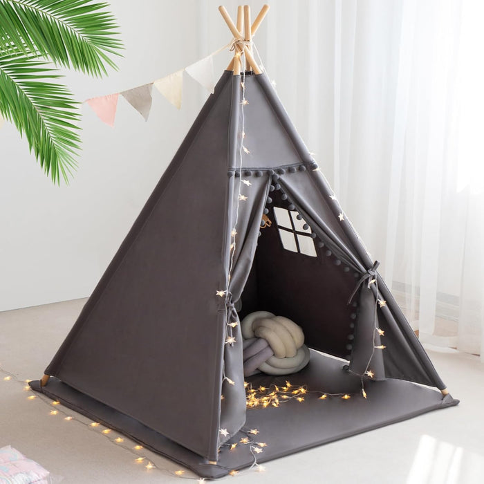 Teepee Tent for Kids with Mat, Star Lights, Carry Case, Cotton Canvas Playhouse, Foldable Tents, Portable Children Play Tent Indoor Outdoor(Grey)