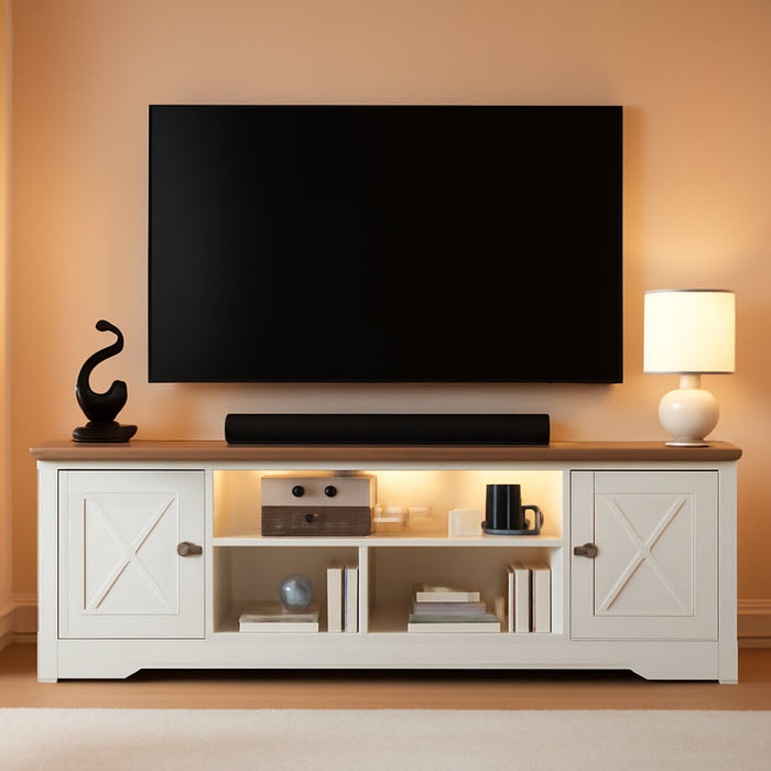 TV Stand for 65 Inch TV, Farmhouse Entertainment Center with Power Outlet & LED Light and Storage Cabinets, Console Table and Media Furniture for Living Room Bedroom, White