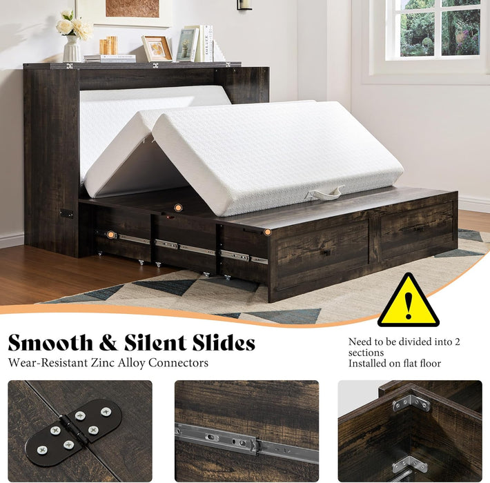 Full Murphy Bed Cabinet with Charging Station and Storage, Farmhouse Foldable Platform Bed for Guest Room, Office, Small Spaces, Black Oak