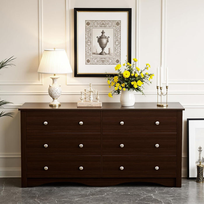 Dresser for Bedroom, 6 Wood Dresser Drawers, Wide Chest of Drawers, Storage Tower Unit, Modern Design for Bedroom, Living Room, Hallway, Entryway (Dark Brown)