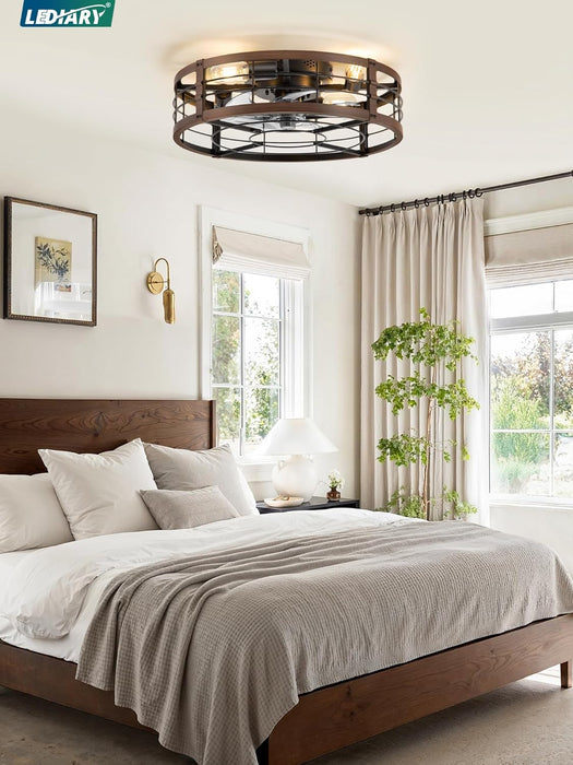 20" Caged Ceiling Fan with Light and Remote, Low Profile Flush Mount Fandelier, Walnut Bladeless Enclosed Small Fan Lights Ceiling Fixtures, Rustic Farmhouse Style for Bedroom, Outdoor