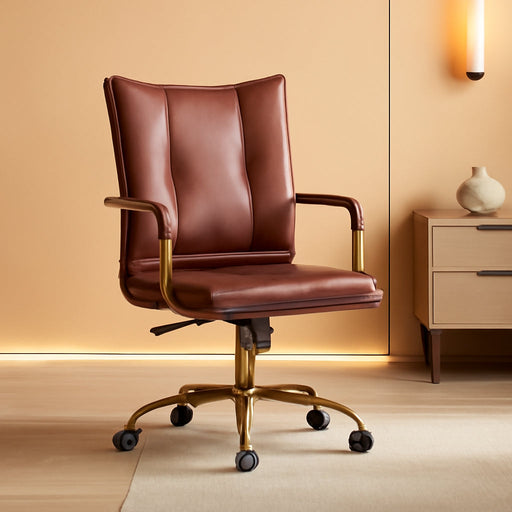 Faux Leather Home Office Desk Chair, Adjustable Swivel Computer Chair with Golden Legs and Arms, Comfy Upholstered Task Chair, Brown