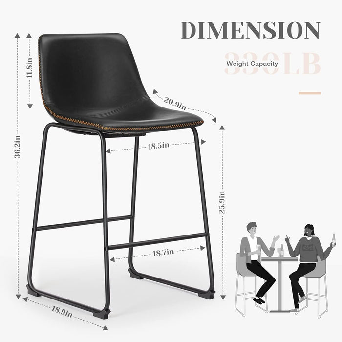 Bar Stools Set of 2, Counter Height Bar Stools with Back, 26 Inch Armless Industrial Faux Leather Barstools with Metal Legs and Footrest, Modern Dining Chairs for Home Kitchen Island, Black
