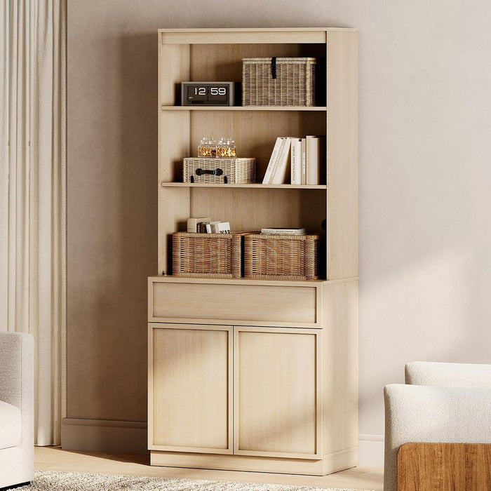 Modern 72" Tall Bookshelf with Doors, Drawers & Adjustable Shelves, Library Bookcase with Storage Cabinet and Open Shelving, Wood Bookcase for Home Office, Living Room, Beige, 1 PC