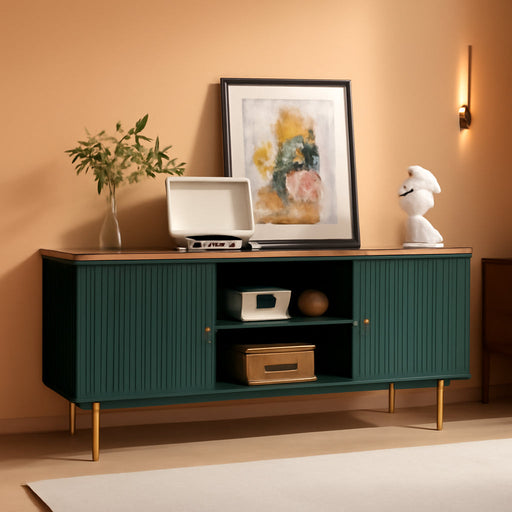 55” Fluted TV Stand, Mid Century Modern Green TV Stand for 55/60/65 Inch TV, Entertainment Center with Storage, Television Stands, TV Console, Media Console for Living Room, Bedroom (Green)