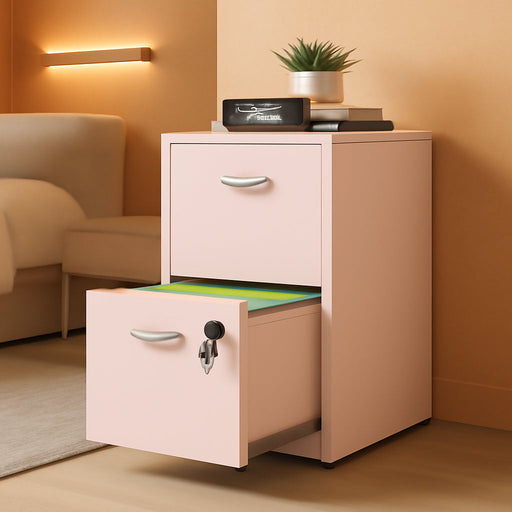 Pink File Cabinet, 2 Drawer Filing Cabinet with Lock, under Desk File Cabinet for Home Office, Metal Locking File Cabinet for Letter Size, Vertical Small Filing Cabinets - Assembly Required