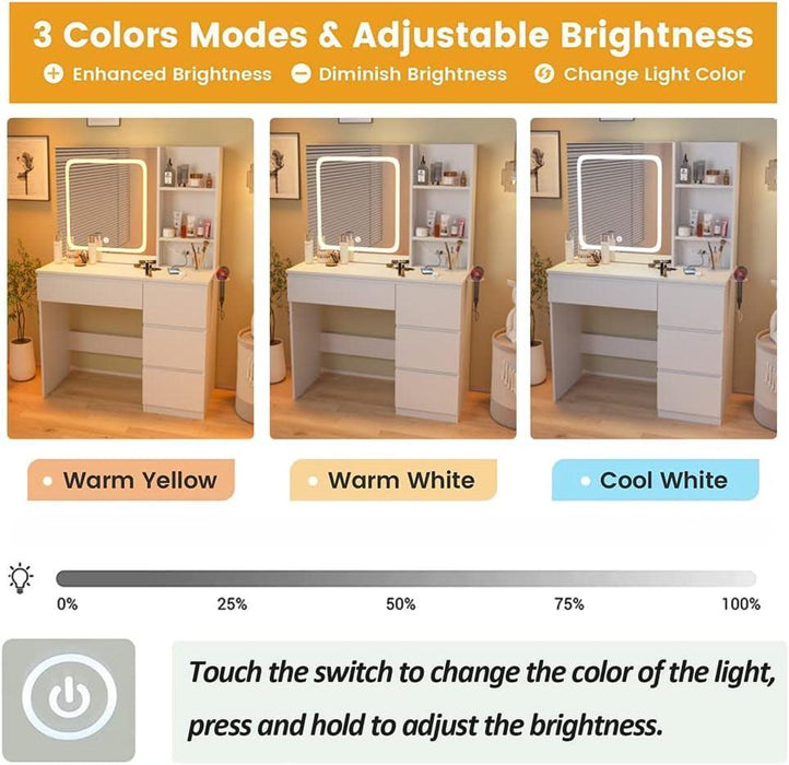 Make up Vanity Desk with Charging Station, Vanity Set with Mirror and Stool and Lights,Dressing Table with 4 Drawers & Storage Shelves,37Inch, White