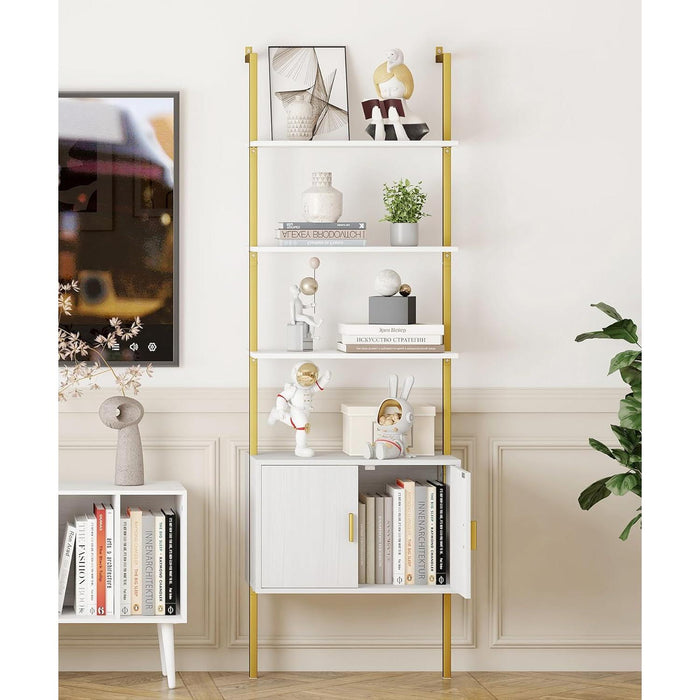 73" Tall Bookshelf with Cabinet, Industrial Ladder Wall Mount Shelf Bookcase with Wood and Metal Frame, Plant Shelf Wall Storage Display for Living Room Bedroom, White Gold