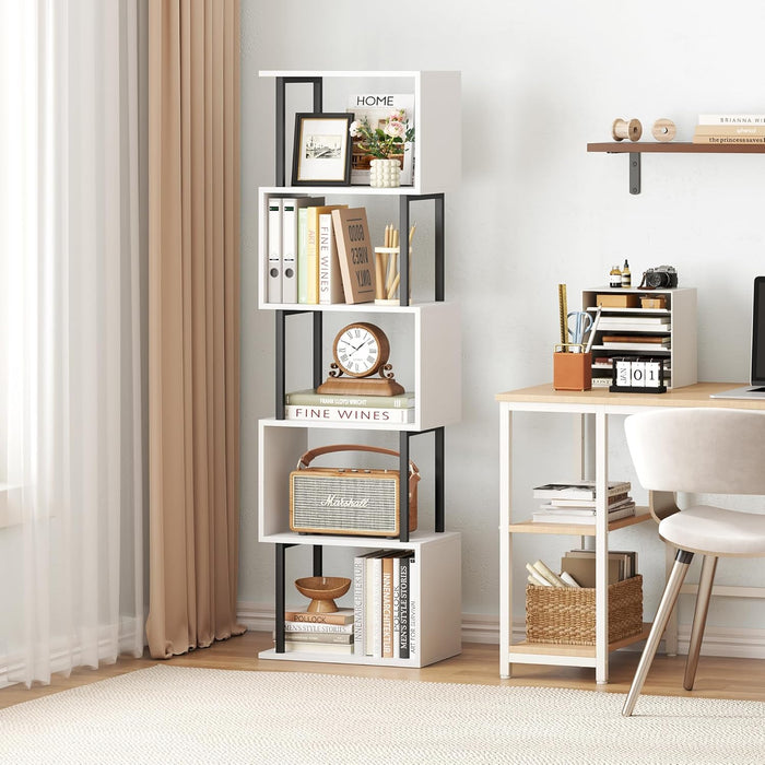 Bookshelf 5-Tier, Geometric Bookcase S Shaped Book Shelves for Bedroom, Modern Wood Decorative Display Shelf Book Case for Home Office, White and Black