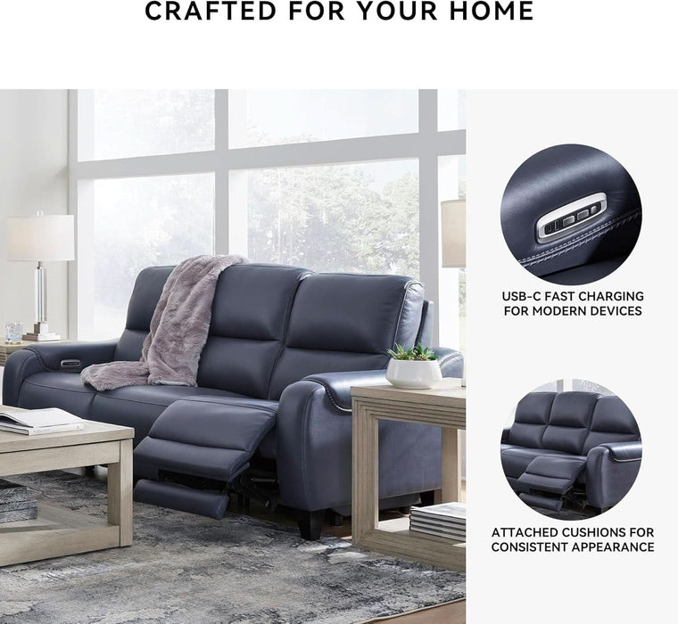 Mercomatic Contemporary Leather Match Wall Hugger Power Reclining Sofa with Adjustable Headrest and USB Ports, Blue