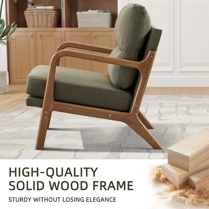 Mid Century Modern Accent Chair, Linen Fabric Upholstered Lounge Arm Chair with Solid Wood Frame and Soft Cushion for Living Room, Bedroom, Balcony (1, Green)