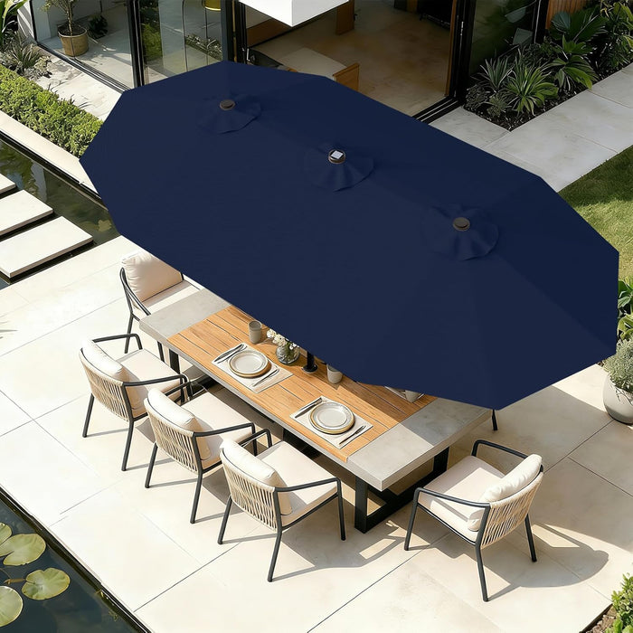 15FT Patio Umbrella with Solar Lights, Double Sided Outdoor Table Umbrellas with Crank, Large Rectangular Market Umbrella for Porch, Lawn, Pool, Backyard, Navy