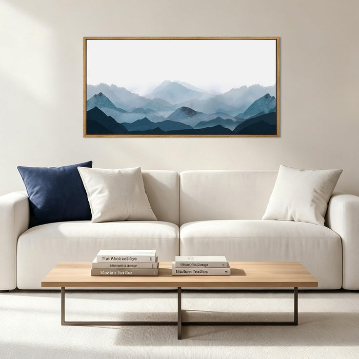 Blue Framed Mountain Landscape Wall Art Fog Mountain Painting Wall Decor Minimalist Blue Artwork Blue Mountains Wall Paintings Simple Landscape Wall Pictures for Bedroom Living Room Office Home Decor 20X40 Inch