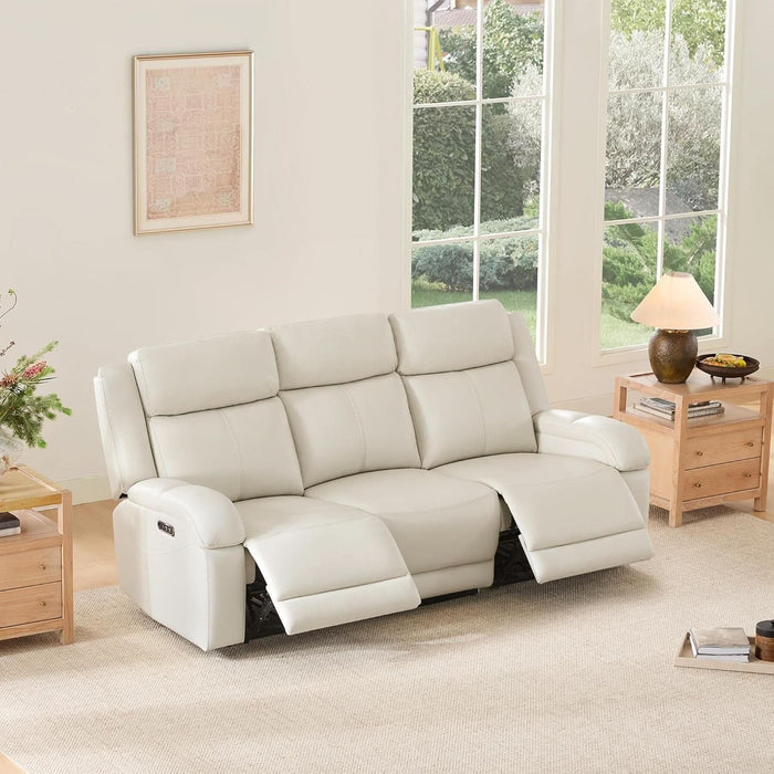 Genuine Leather Power Recliner Sofa, 3 Seater Wall Hugger Reclining Sofas with Power Headrest, USB & Typec Ports, Electric Recliner Couch Set for Living Room, Cream