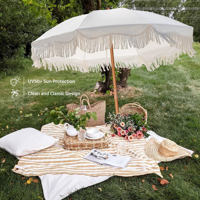 Boho Fringe Umbrella Outdoor Patio, 6.5Ft UPF50+ Picnic Umbrella with Tassels with Steel Pole and Push Button Tilt, Antique White