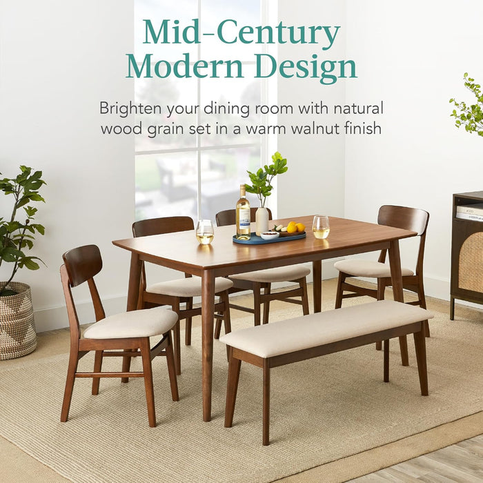 6-Piece Wooden Dining Set, Mid-Century Modern Table & Upholstered Chair Set W/Bench Seat, Rubberwood Legs - Walnut/Cream