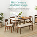 6-Piece Wooden Dining Set, Mid-Century Modern Table & Upholstered Chair Set W/Bench Seat, Rubberwood Legs - Walnut/Cream
