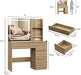 Vanity Desk with Lights, Fluted Vanity with 4 Drawers, Open Shelves, Power Outlet, LED Lighted Mirror, 3 Lighting Modes & Brightness Adjustable, Wood Dressing Table for Bedroom,Natural Oak