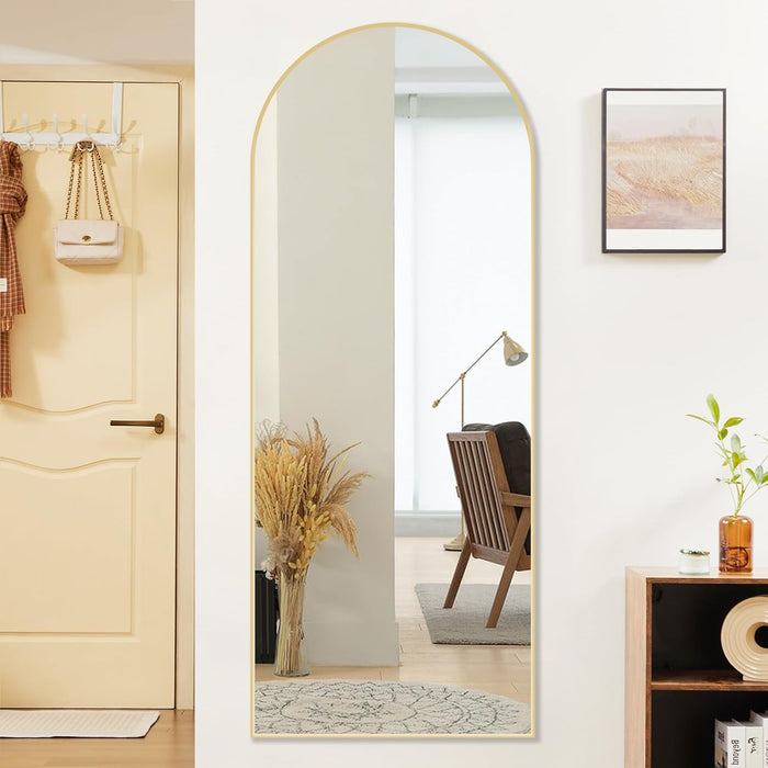 64"X21" Arched Full Length Mirror, Leaning or Standing Full Body Mirror with Aluminum Alloy Thin Frame, Suitable for Bedroom or Cloakroom,Gold