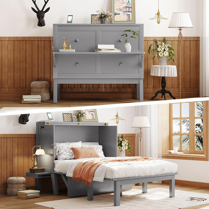 Full Size Murphy Bed with USB Port, Desk and Removable Shelves on Each Side, Full Platform Bed Wood Frame, for Guest Room Home Office - Gray