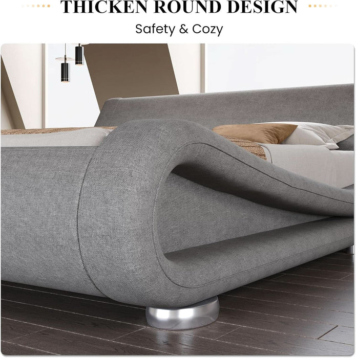 Queen Size Upholstered Bed Frame, Deluxe Low Profile Sleigh Bed with Linen Ergonomics Headboard, No Box Spring Needed & Easy Assembly, Grey