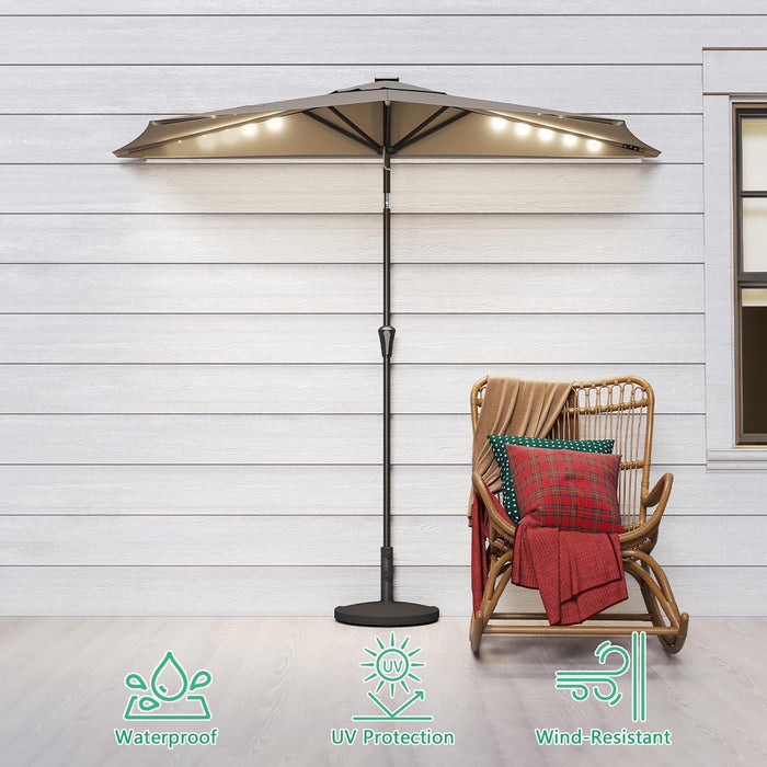 9 Ft Small Half round Solar Powered Wall Outdoor Market Patio Umbrella with LED Lights and Tilt for Garden, Deck, Balcony