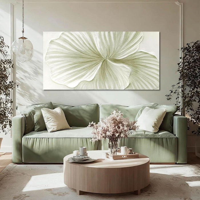 Abstract Leaf Wall Art Modern Ginkgo Canvas Hand-Drawn Painting 24X48 Green and White Large Artwork Minimalist Decoration for Living Room Bedroom Office Home