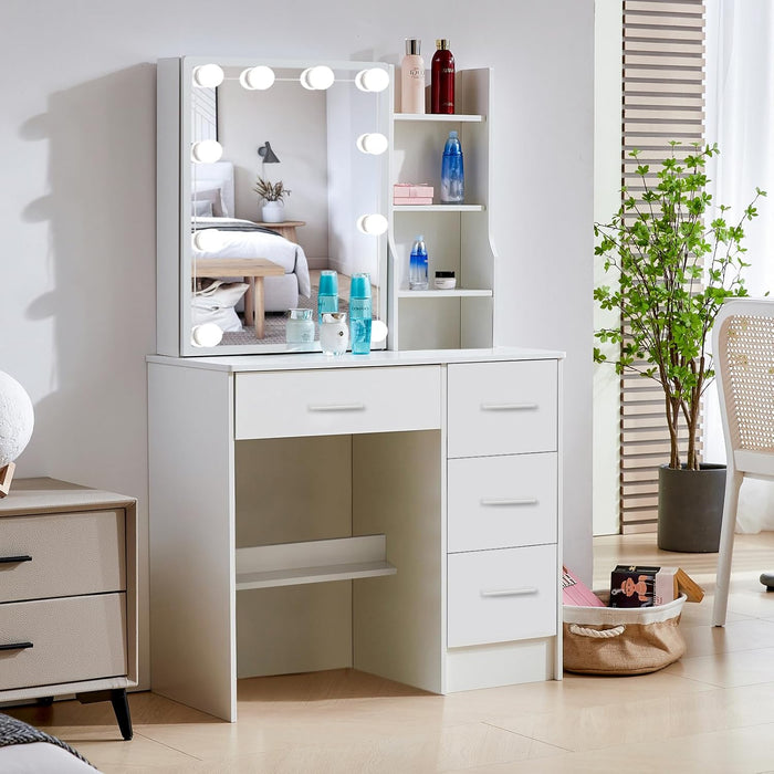 Vanity Desk with Makeup Mirror and Light, Makeup Dressing Table with 4 Drawers and Cushioned Stool for Bedroom, White Dressing Desk for Bedroom