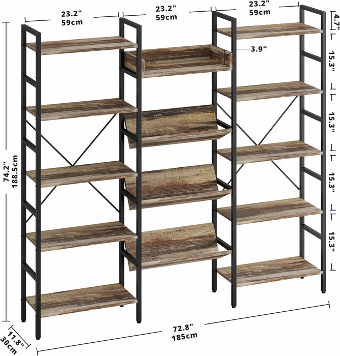 Bookshelf, 5-Tier Triple Wide Industrial Etagere with Baffles | 5-Tier Triple Wide Bookshelf, 72 8". 14 Baffled Shelves. Adjustable Center. Industrial MDF, Iron. 33 Lb per Shelf. Anti-Tip.
